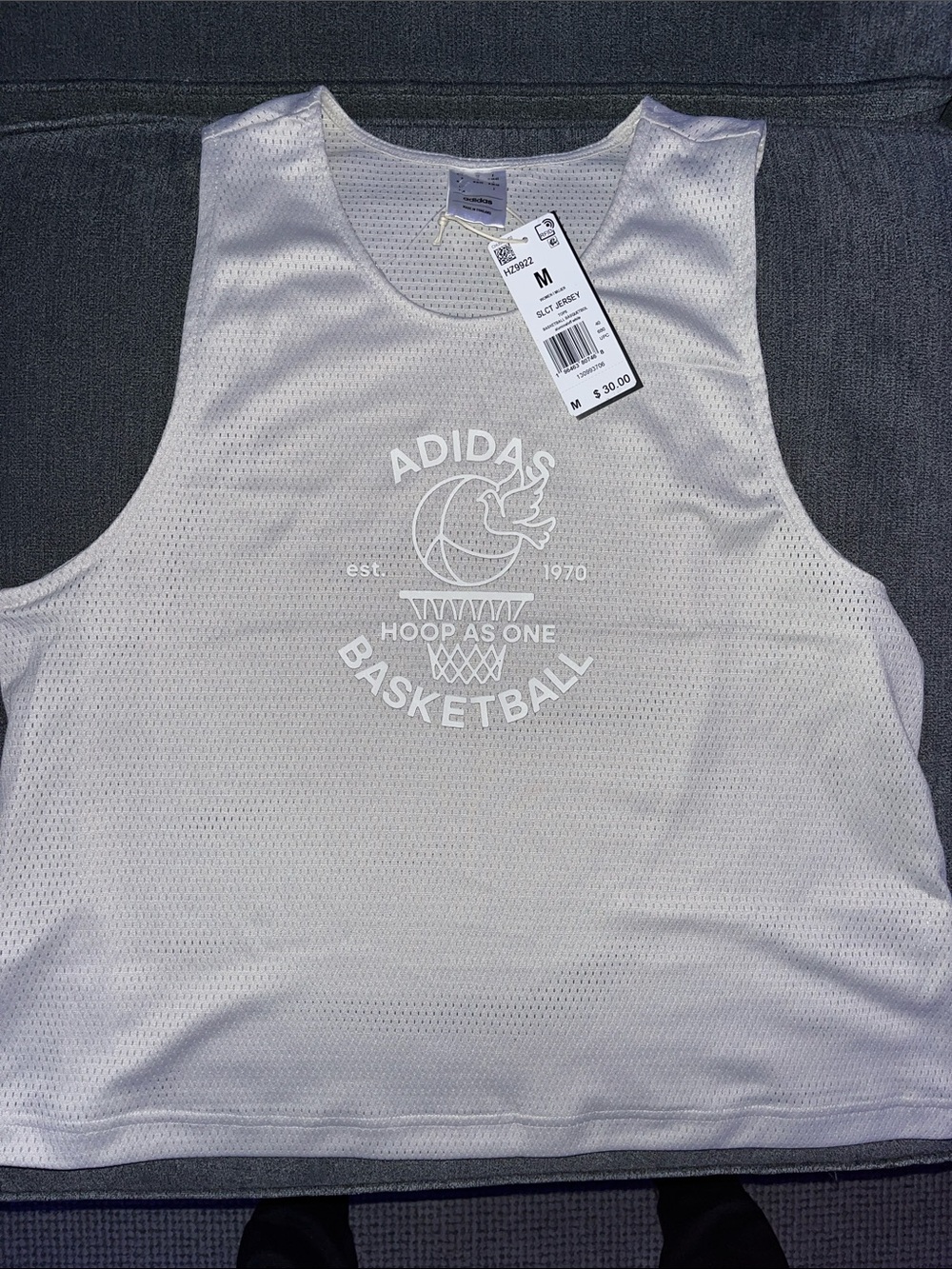 adidas White Mesh Basketball Tank with Hoop Graphic